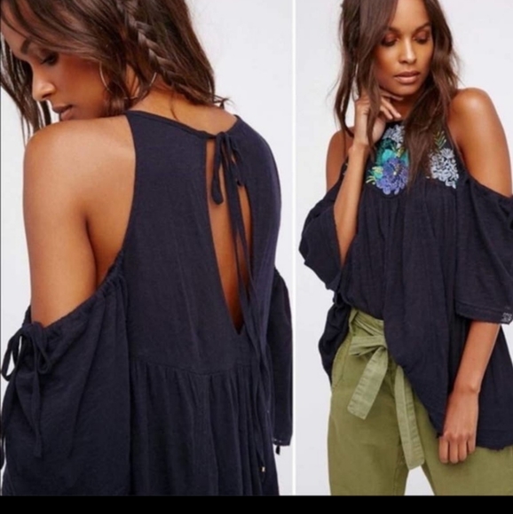 Free People Tops - Free People Fast Times Peasant Top Cold Shoulder Embroidered Navy Blue Small NWT